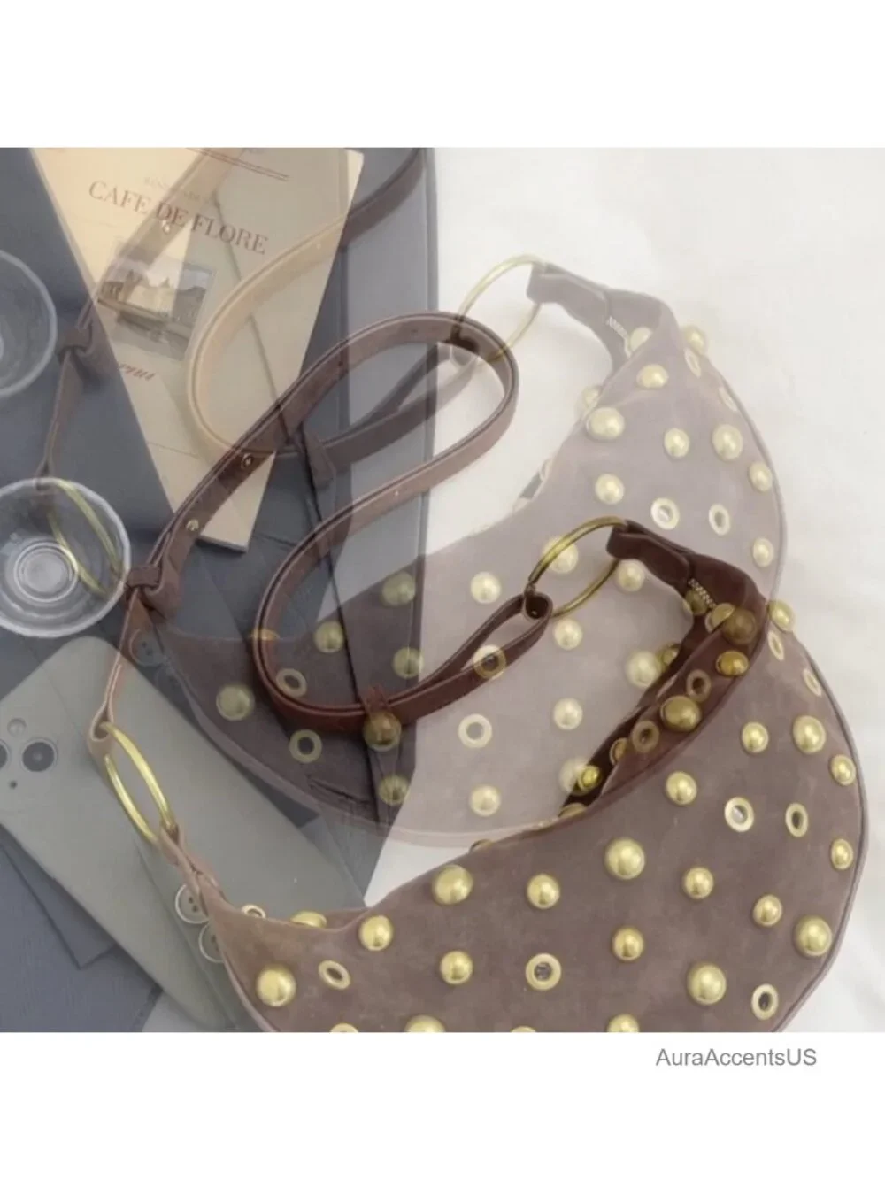 Studded Hobo Crescent Bag Y2K Shoulder Bag Suede Purse for Women